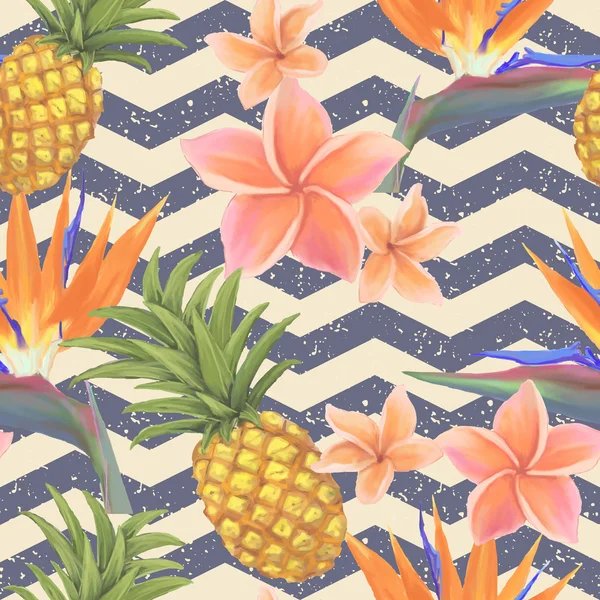Tropical exotic flowers and pineapple seamless background in vector
