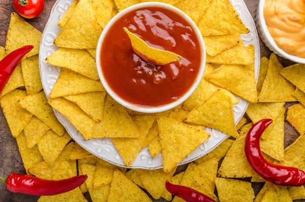 Tortilla chips with two dips