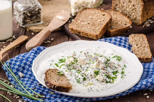 Homemade yogurt dip with blue cheese and chives