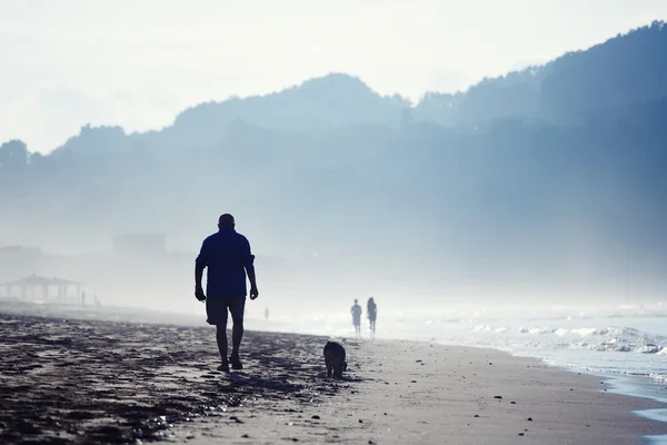 Male walking with his dog on the beach near the ocean and silhouette of mountains