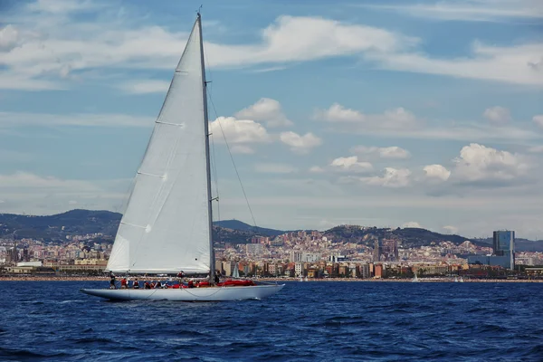 Beautiful white sailboat in Mediterranean sea horizon, extreme