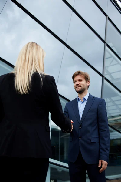 Businesswoman shaking hand with smiling employee