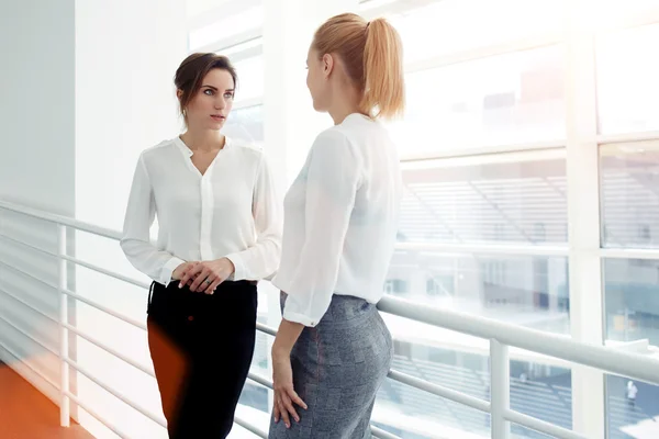 Two businesswomen having pleasant conversation