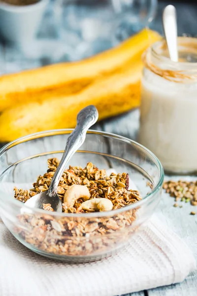 Granola with cashews and banana, vegan milk, breakfast