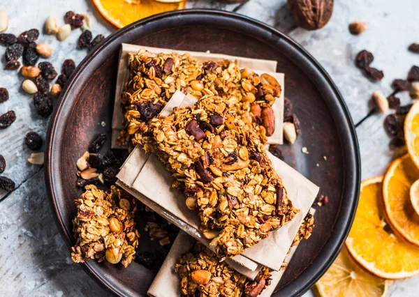 Granola bars citrus, peanut butter and dried fruit, healthy food
