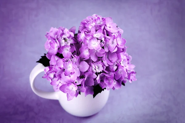 Selective focus of sweet purple hydrangea flowers in white vase