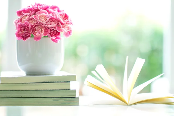 Fresh pink carnation flower with books background