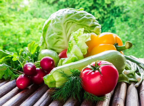 Healthy food from village. Eco food concept. Fresh organic vegetables on wood table in the garden.