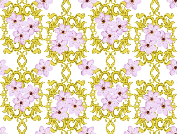 Seamless Gold Pattern with Cherry Blossom