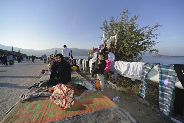 Refugee migrants, arrived on Lesvos in inflatable dinghy boats