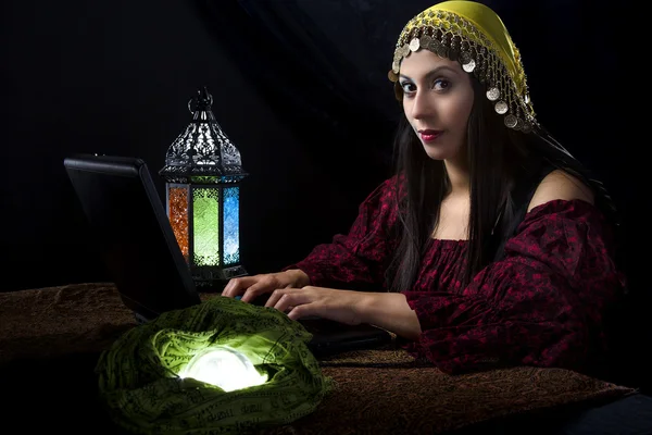 Female fortune teller using a computer