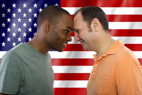 Interracial gay couple celebrating 4th of July