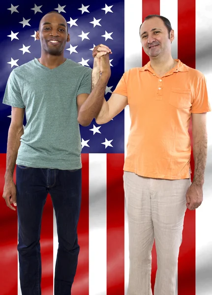 Interracial gay couple celebrating 4th of July