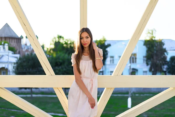 Beautiful business woman posing outdoors in a bright sunny day,  pink dress, with long brunette hair, on the background of green grass in the city, fashion style, glamorous life