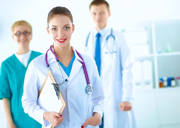 Attractive female doctor in front of medical group