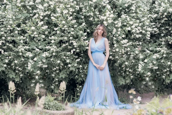 Beautiful sexy tender blonde girl in a blue light dress with a sprig of jasmine in his hands sitting in the garden in the style of photos Fine Art