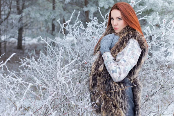 Beautiful cute sexy young girl with red hair walking in a snowy forest among the trees missed first trimester bushes with red yagodamiv warm coat with bright makeup