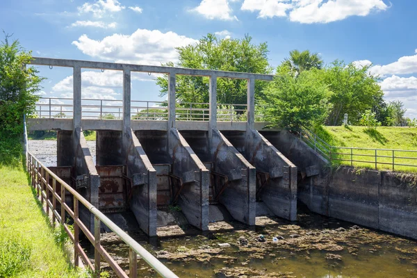 Small dam in river, Dike in asia with tree and nature blue sky background