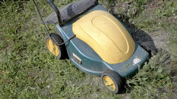 Mowing grass in the garden with electrical machine