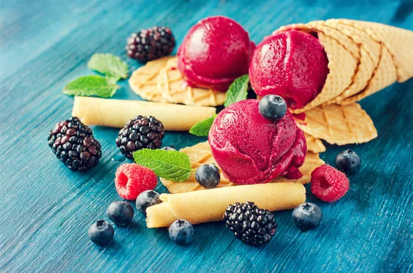 Red ice cream with berries, sorbet vintage