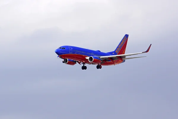 Jet Southwest Airlines airplane landing at Ontario International Airport outside of Los Angeles, California