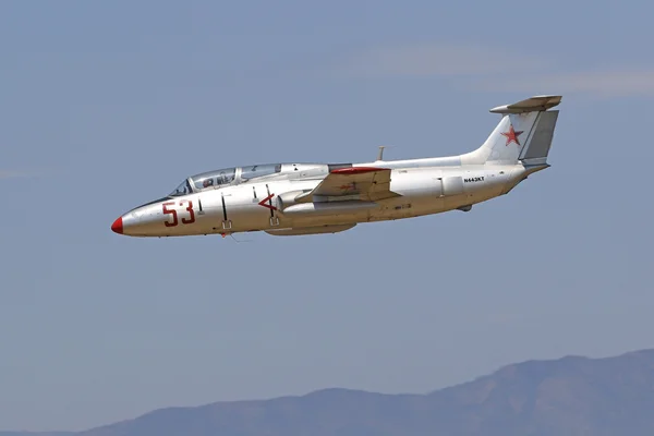 Airplane L-29 Delphin Soviet Union Cold War aircraft trainer flying at 2016 Camarillo Air Show