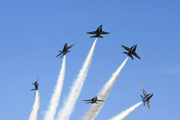 Jet Airplanes Blue Angels F-18 Hornet formation break at 2015 Miramar Air Show in San Diego, California