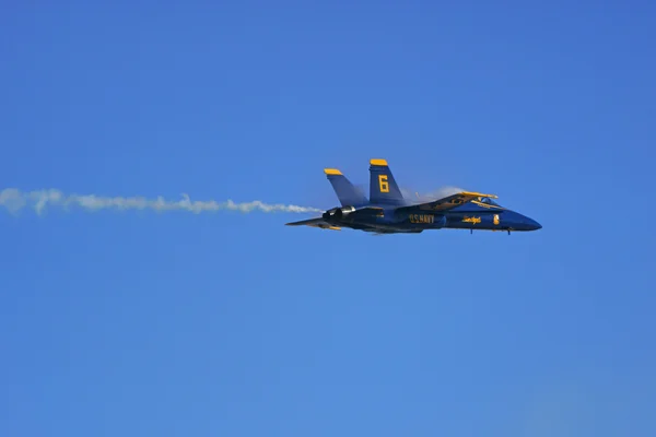 Jet Blue Angels F-18 Hornet aircraft flying at 2015 Miramar Air Show in San Diego, California