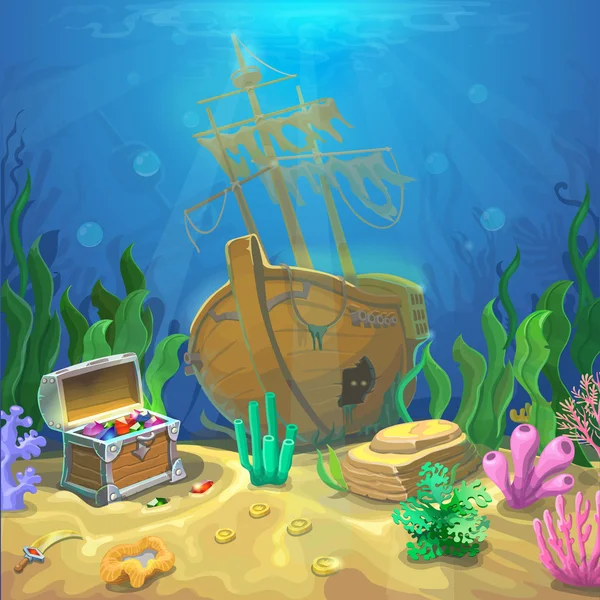 Underwater landscape. The ocean and the undersea world with different inhabitants, corals and pirate chest
