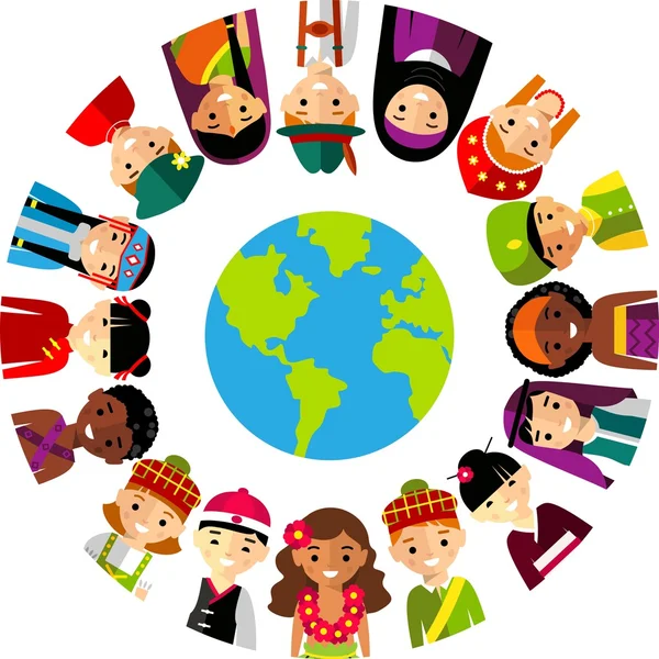 Illustration of multicultural national children, people on planet earth
