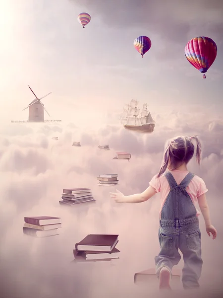 In search for knowledge concept. Girl walking down the book pass above clouds