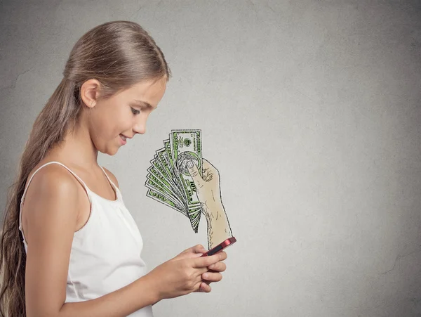 Girl working online on smartphone earning money