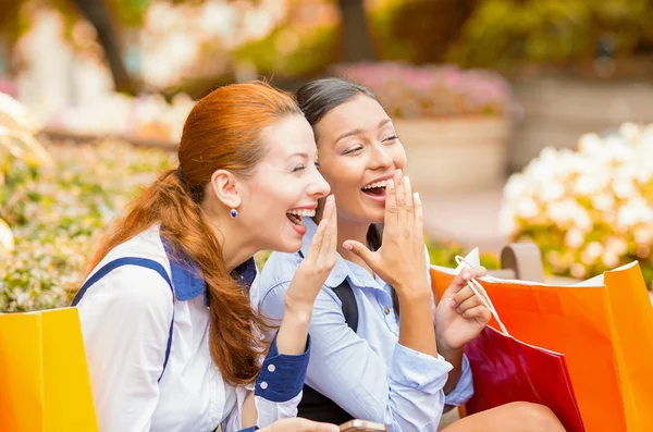 Two laughing happy looking girls discussing latest gossip news