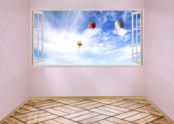 Room with open window and dreamland day light blue sky with air balloons