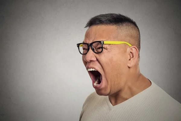 Mad displeased pissed off angry man with glasses open mouth screaming