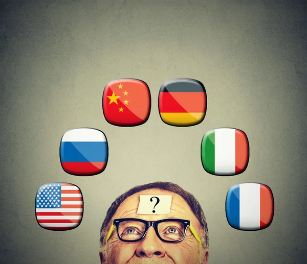 Man in glasses with question mark looking up at icons of international flags above head