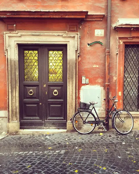 Bicycle near old wooden door