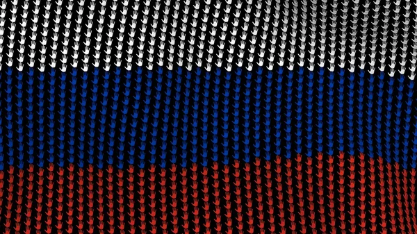 Russia flag is waving in the wind, consisting of hands, on a black background.