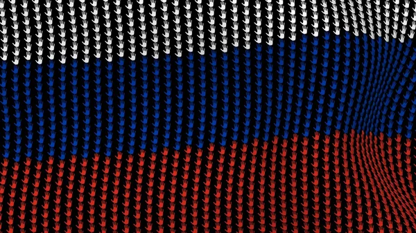 Russia flag is waving in the wind, consisting of hands, on a black background.