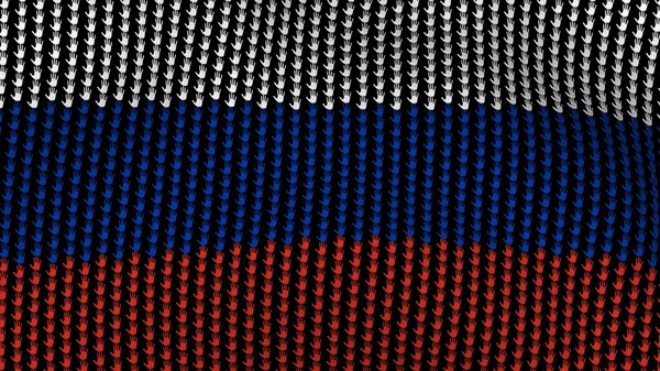 Russia flag is waving in the wind, consisting of hands, on a black background.