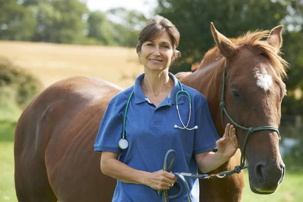 Portrait Of Female Vet In Field With Horse