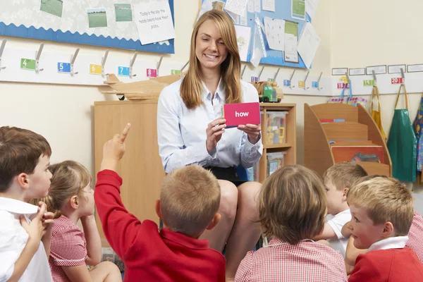 Teacher Showing Flash Cards To Elementary School Class