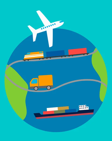 Concept of transportation. Truck, plane, ship and train on the background of the planet. Vector illustration