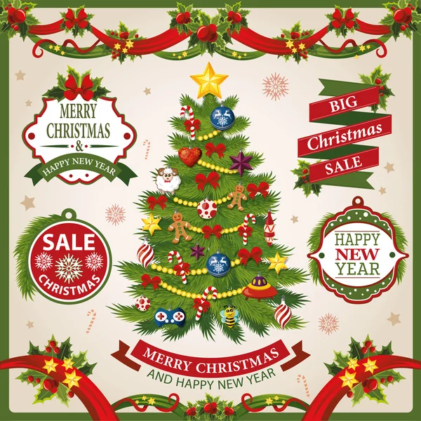 Christmas and New Year holidays set of labels, ribbons and other decorative elements. Vector illustration