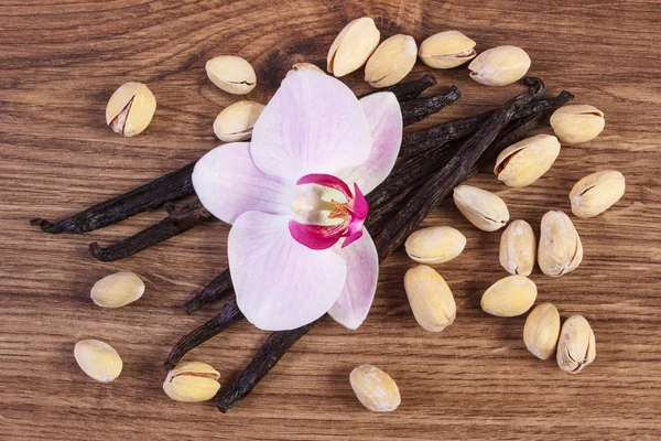 Pistachio nuts, blooming orchid and fragrant vanilla sticks, cosmetic ingredients