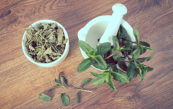 Vintage photo, Fresh natural green and dried mint with mortar, healthy lifestyle