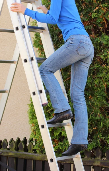 Female worker climbing on ladder in garden