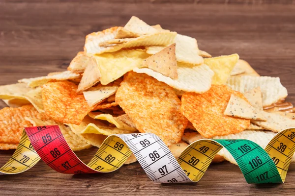 Centimeter with heap of salted crisps and cookies, concept of unhealthy food and slimming