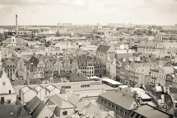 Poznan, Poland - June 28, 2016: Black and white photo, City market, old and modern buildings in town Poznan