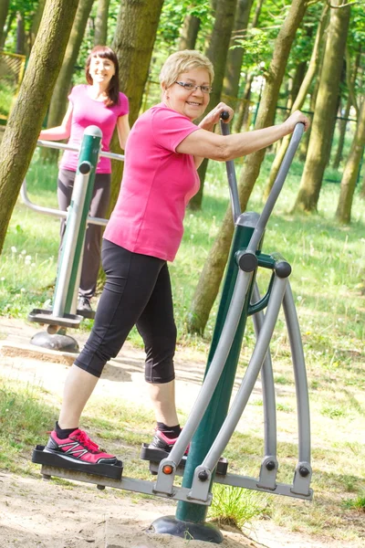 Senior and young woman exercising upper and lower body on outdoor gym, healthy lifestyle